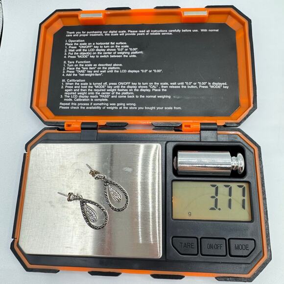 FAS THAI 925 Sterling Silver Earrings Teardrop Faux Marcasite Pebbled Milgrain - Picture 8 of 11